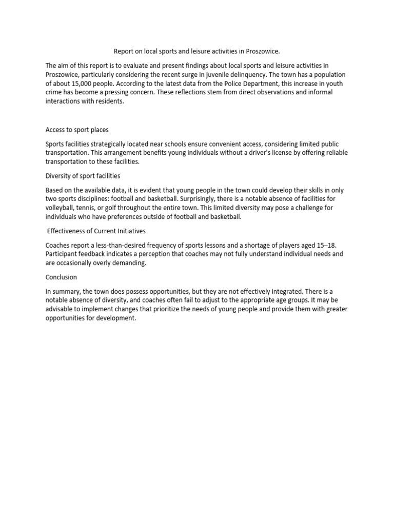 Report On Local Sports and Leisure Activities | PDF