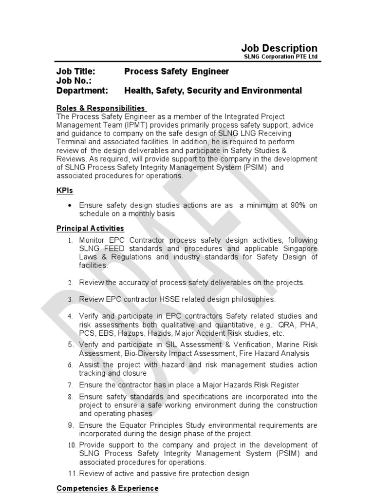 Process Safety Engineer JD PDF Safety Risk Assessment