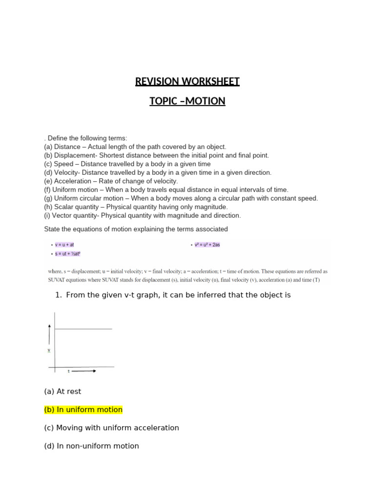 Science Rivision Worksheets (Physics Motion Chapter) | PDF