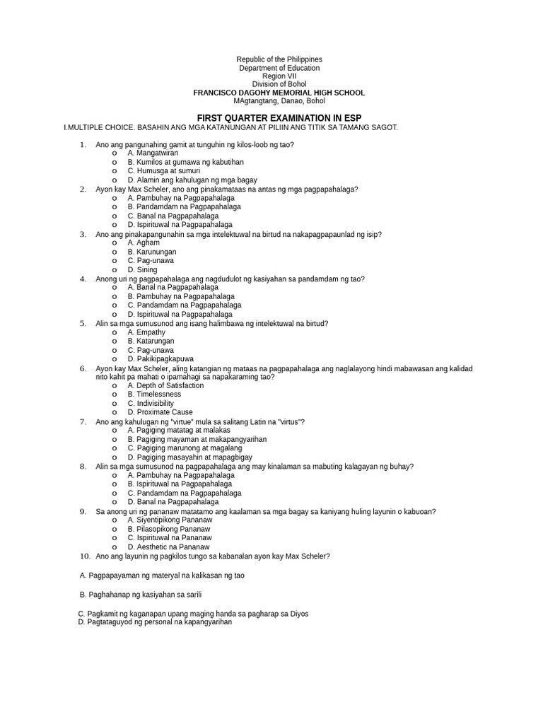 Esp Exam 1st Q. Final | PDF