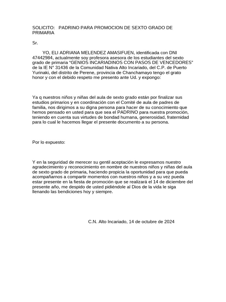 SOLICITO Padrino de Promocion | PDF