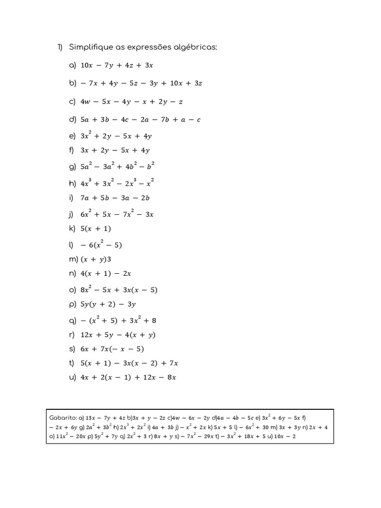 08 10 2024 199367 Exercicios Simplificacao de Expressoes Algebricas | PDF