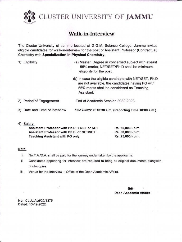 Walk-In-Interview For The Post of Assistant Professor in Chemistry On ...