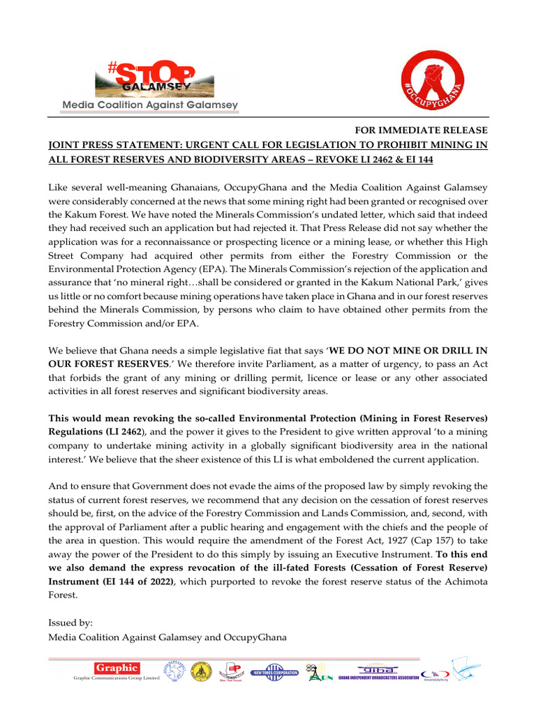 Ghanaian CSOs Oppose LI 2462 Which Allows Mining in Forest Reserves II ...