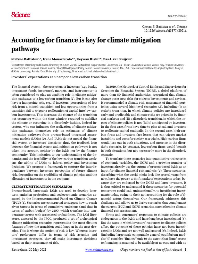 Accounting For Finance Is Key For Climate Mitigation Pathways | PDF