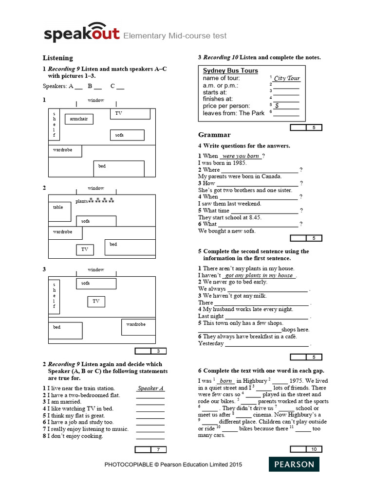 Test Speakout Elementary Mid-Course | PDF