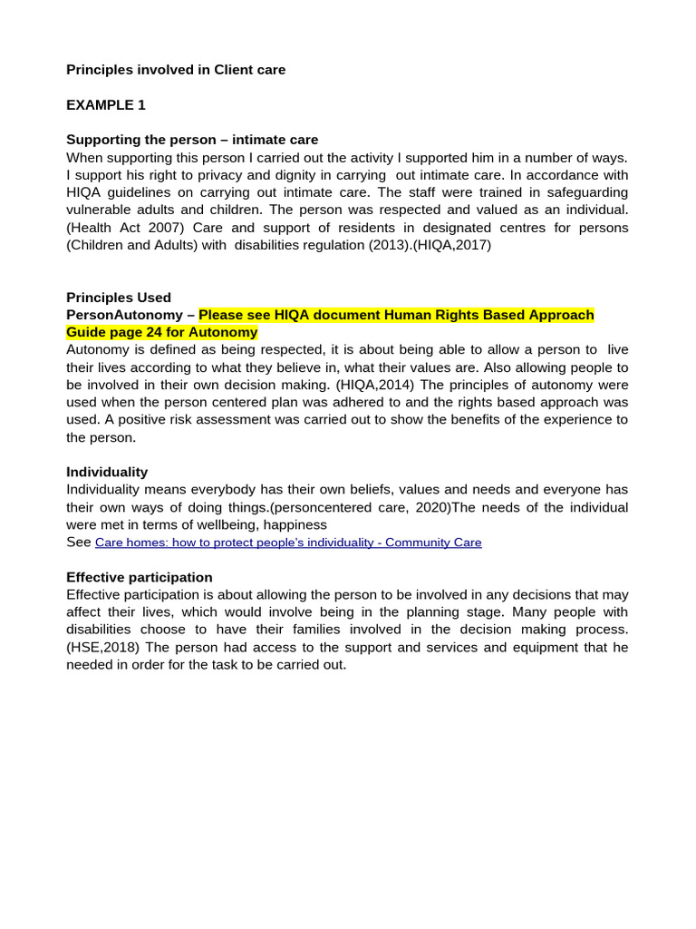 Principles and Examples Involved in Client Care | PDF