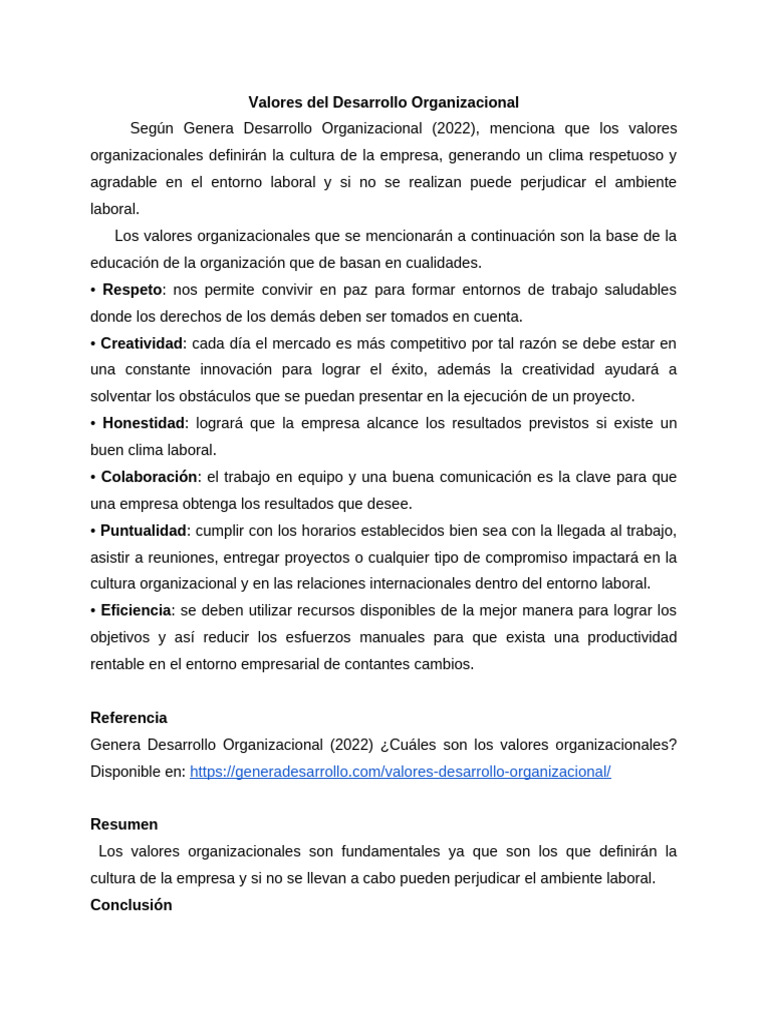 Valores Del Desarrollo Organizacional | PDF