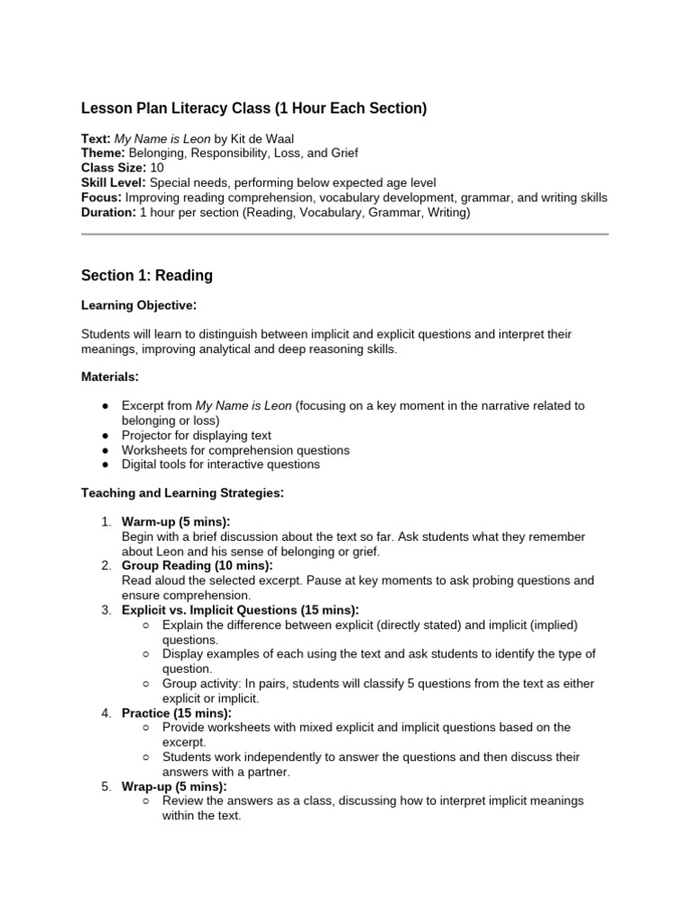 Lesson plan literacy class 1 hour each section pdf