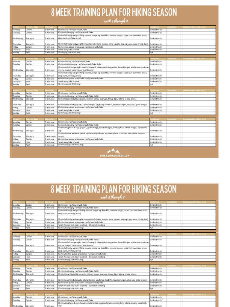 8 Week Training Plan For Hiking Season Printable1 | PDF | Aerobic ...