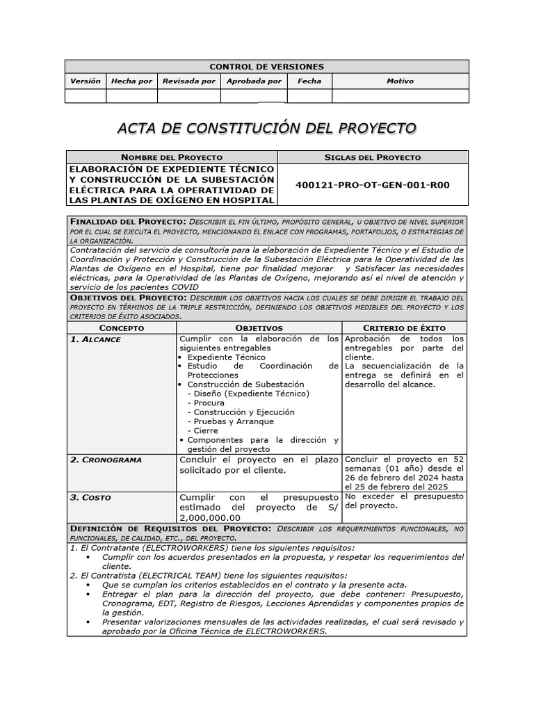 Acta de Constitución Del Proyecto - Modelo Base | PDF | Presupuesto ...
