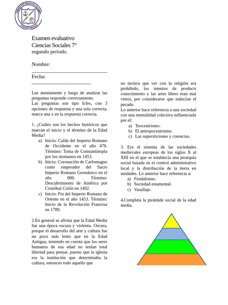 Examen de Ciencias Sociales: Edad Media | PDF | Edades medias | Feudalismo