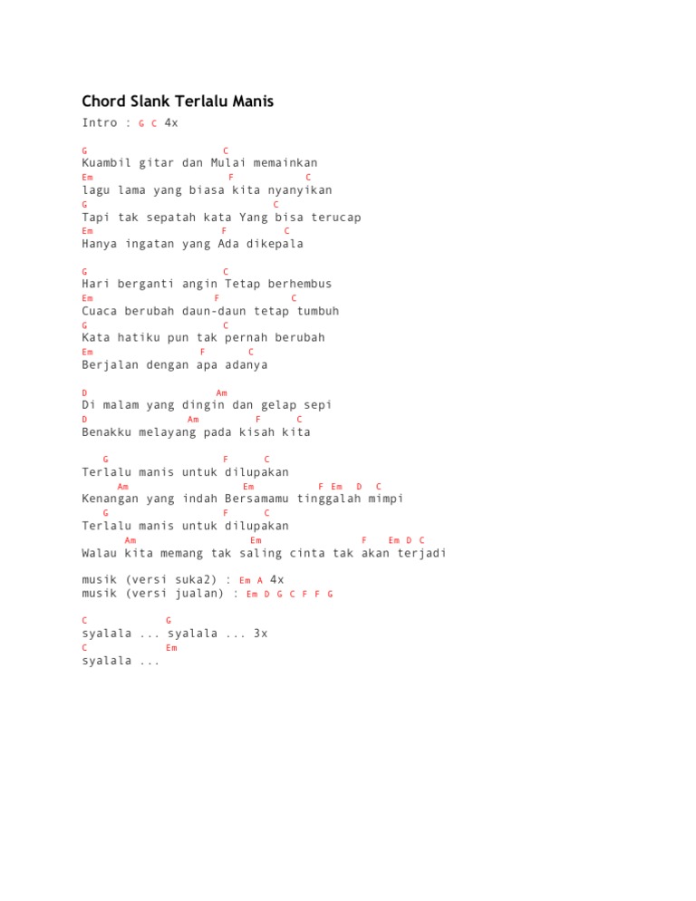 Chord Slank Terlalu Manis Kemunculan slank di album pertama mereka sudah mendobrak industri musik indonesia dengan gaya mereka yang khas, apa adanya, selenge'an. chord slank terlalu manis