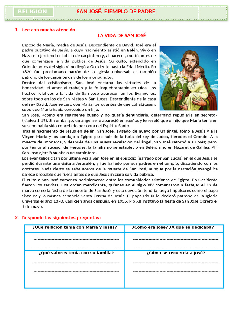 D2 A2 Ficha Rel. San José, Ejemplo de Padre | PDF