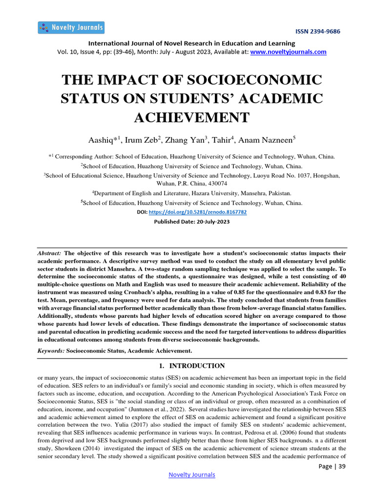 The Impact of Socioeconomic Status On ST | PDF | Socioeconomic Status ...
