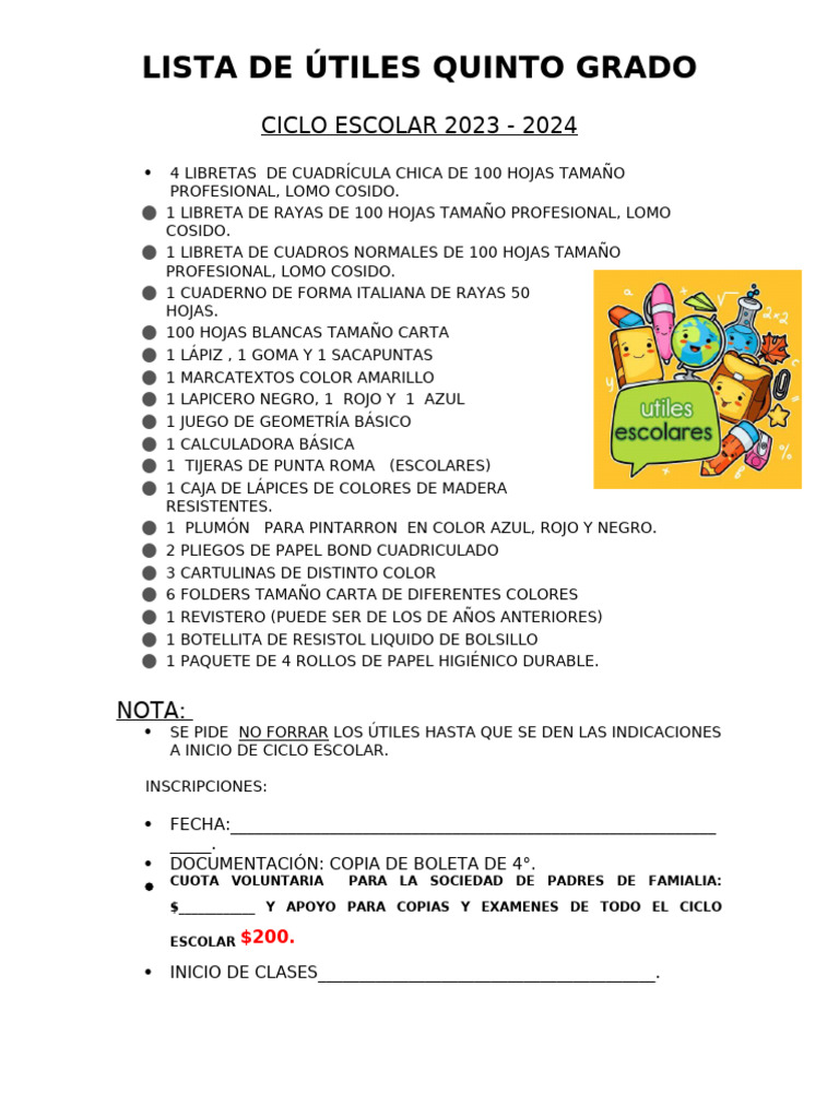 Lista de Útiles Quinto Grado 23-24 | PDF