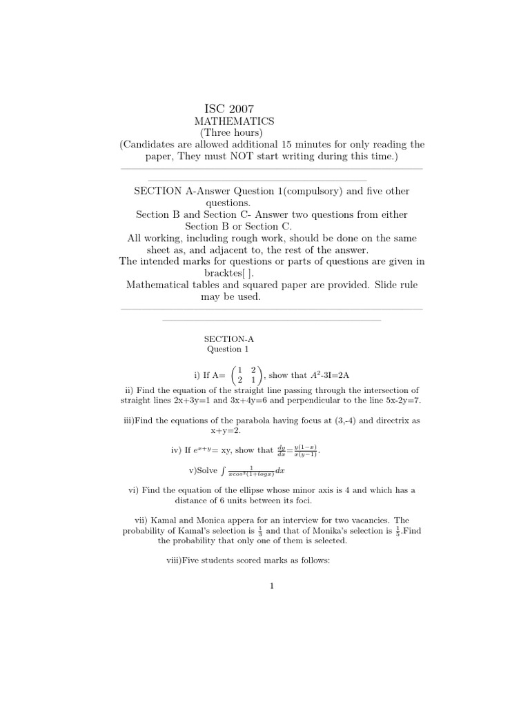 ISC Maths Paper 2007 | PDF