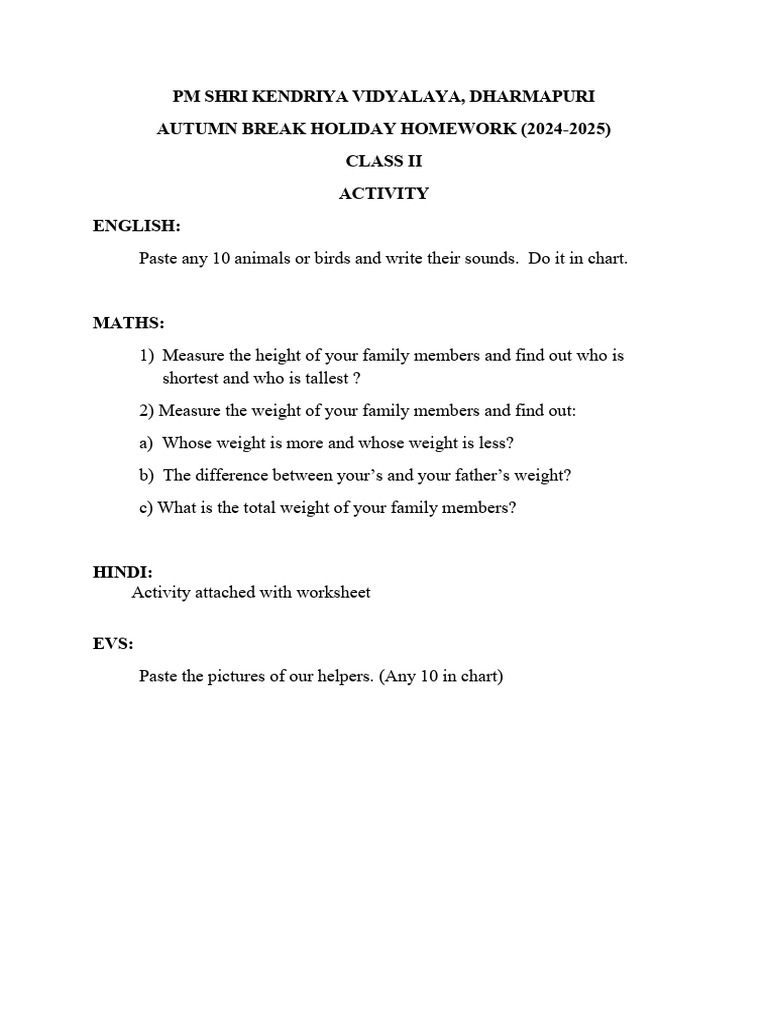 Class II Autumn Break Homework 2024-25 | PDF