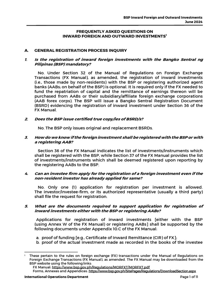 Inward and Outward Foreign Investments FAQs | PDF