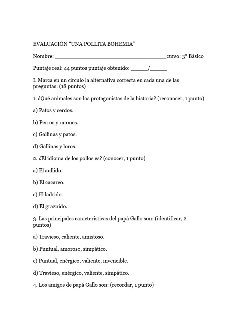 Una Pollita Bohemia-Evaluación | PDF