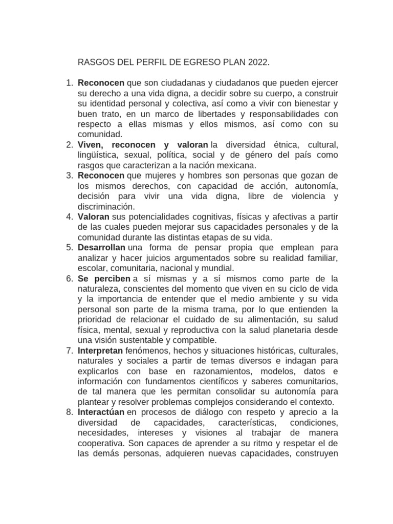 Rasgos Del Perfil de Egreso Plan 2022 | PDF