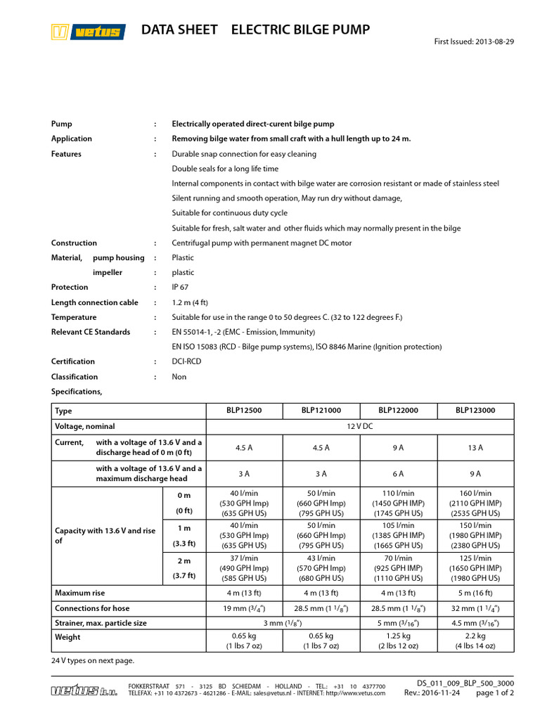 VETUS - Data Sheet - electric bilge pump (Rất hay) | PDF
