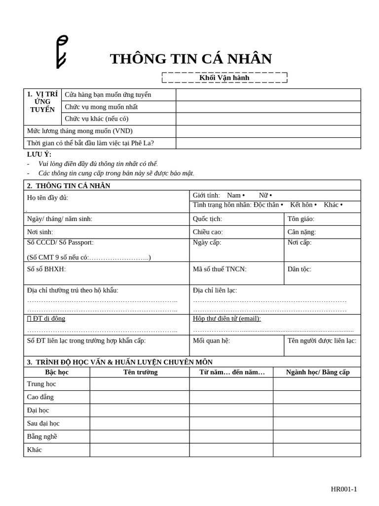 Form Thông Tin Cá Nhân | PDF