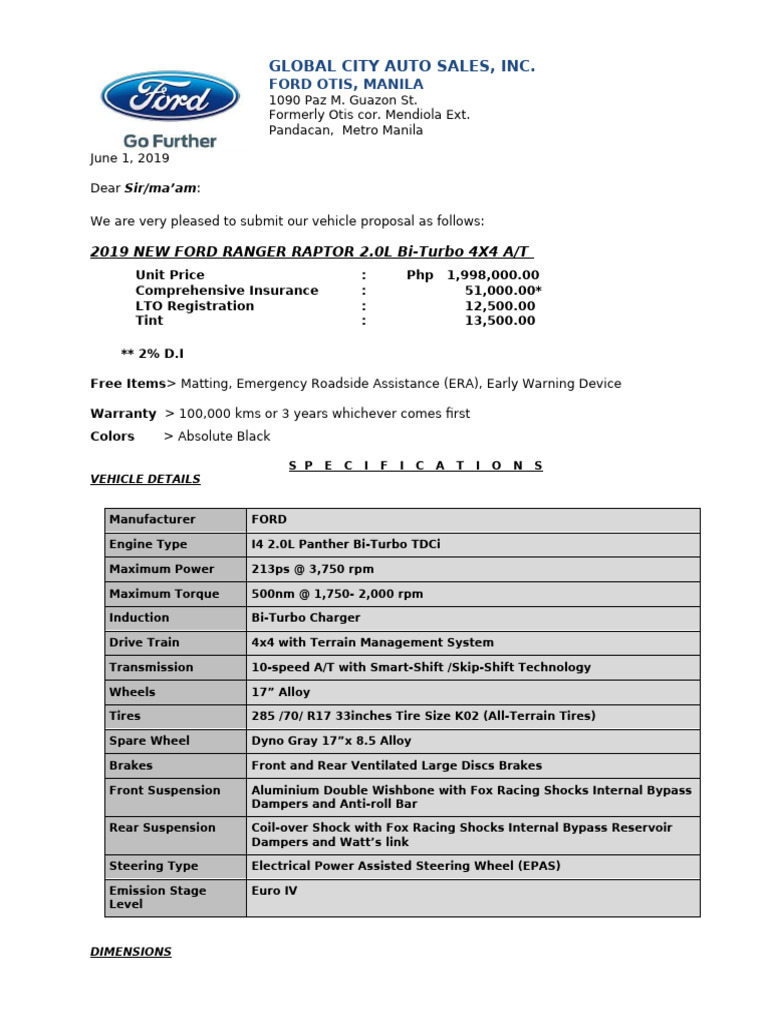2019 FORD RANGER RAPTOR 2.0L Bi-Turbo 4x4 AT | PDF
