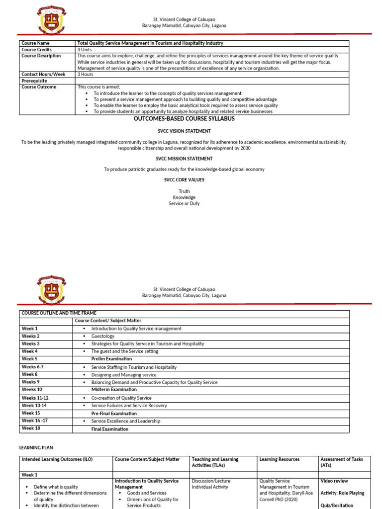 Quality Service Management Syllabus SVCC | PDF