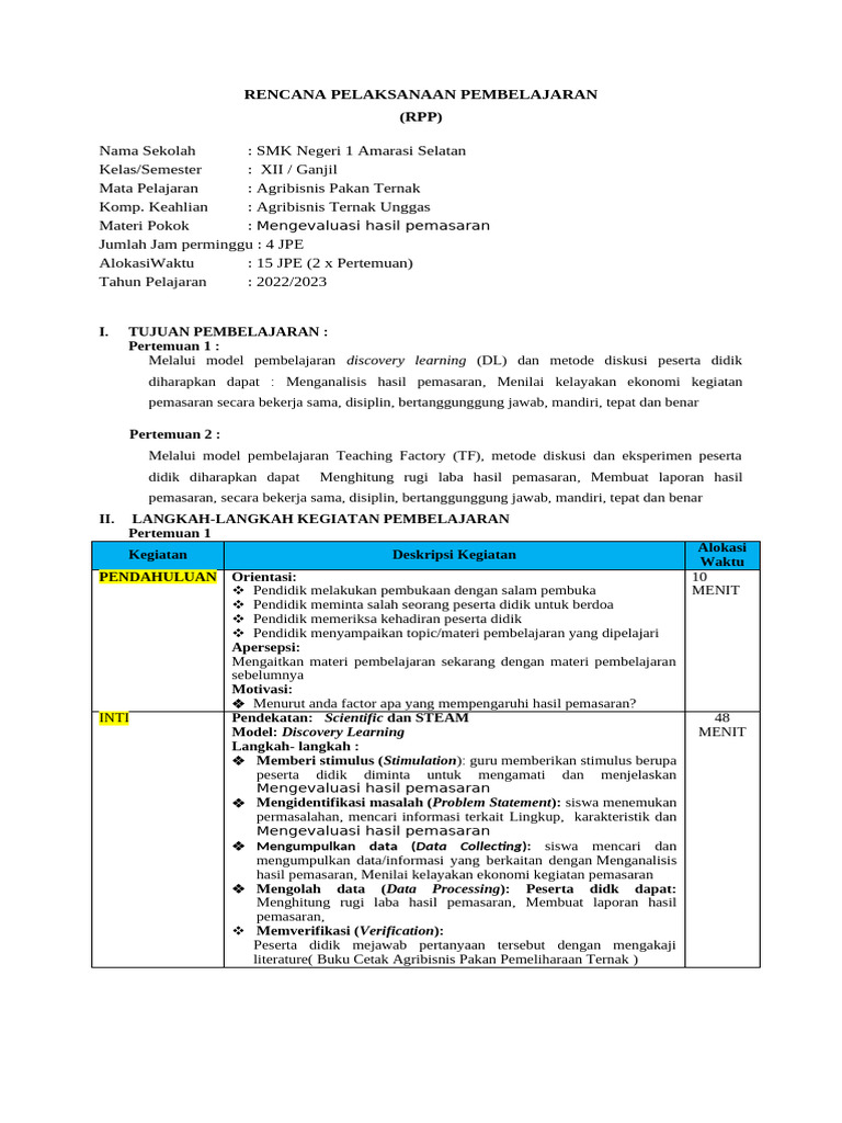 Rencana Pelaksanaan Pembelajaran (RPP) : Mengevaluasi Hasil Pemasaran | PDF