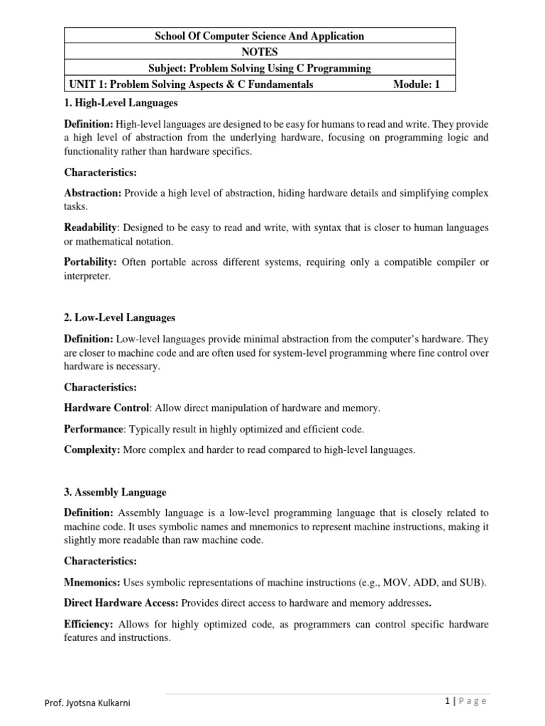 Problem Solving Using C NOTES UNIT-1 | PDF