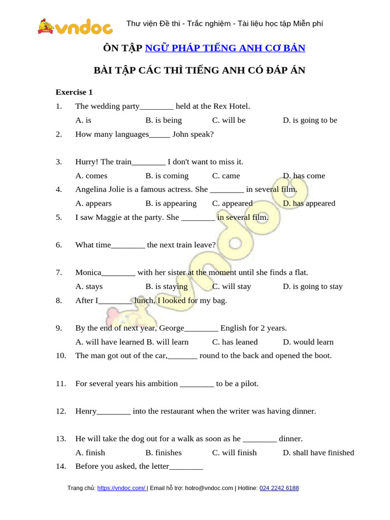 Bai Tap Trac Nghiem Ve Cac Thi Trong Tieng Anh Co Dap An | PDF