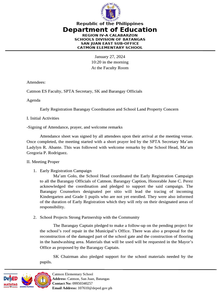 Minutes of The Meeting About Early Reg January 27, 2024 | PDF
