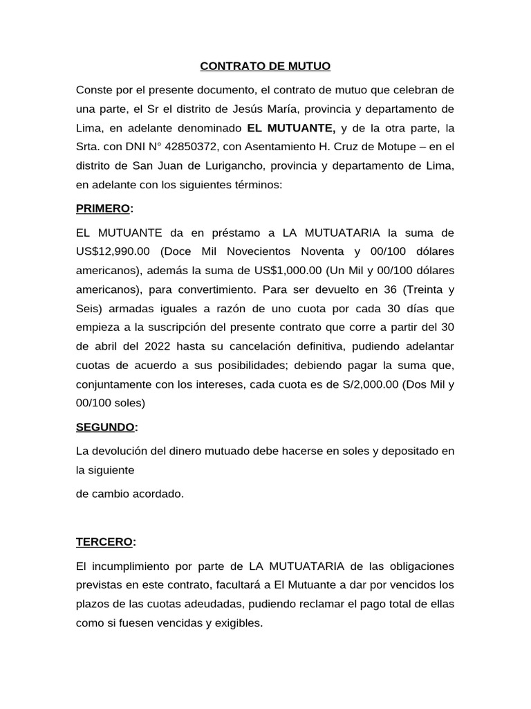 Contrato de Mutuo | PDF