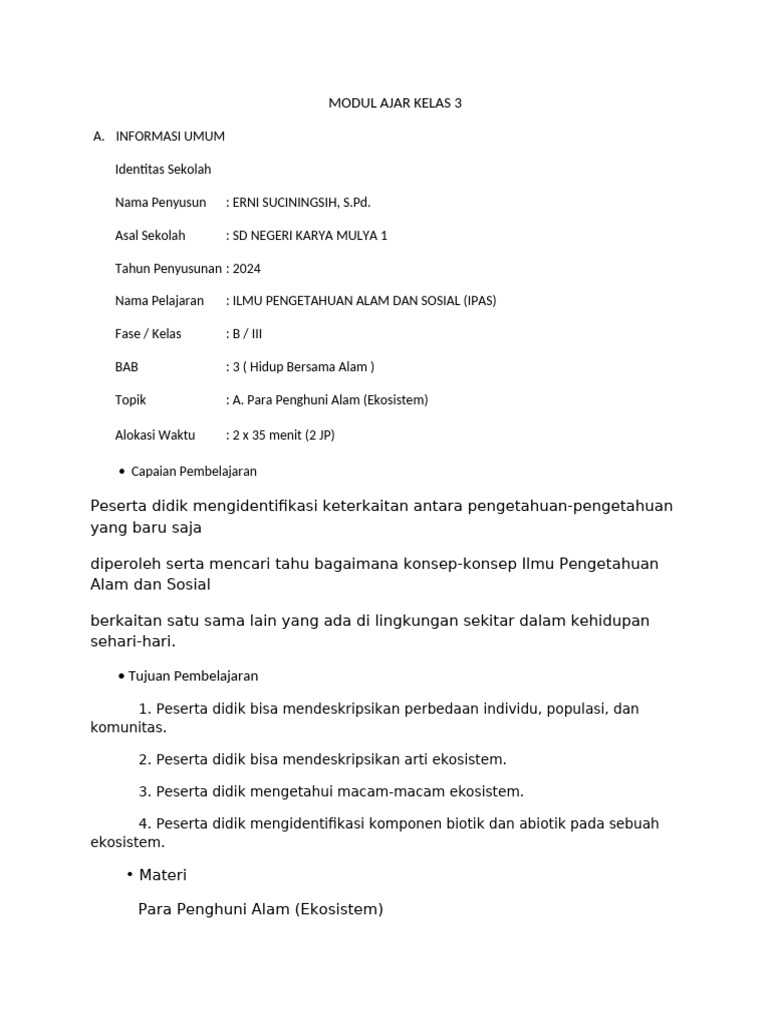 MODUL AJAR KELAS 3 IPAS Bab 3 | PDF
