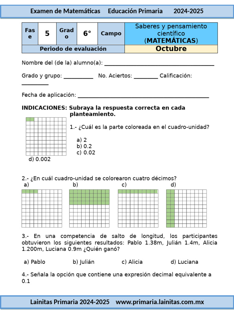 6to Grado Octubre - 11 Matemáticas Examen (2024-2025) | PDF