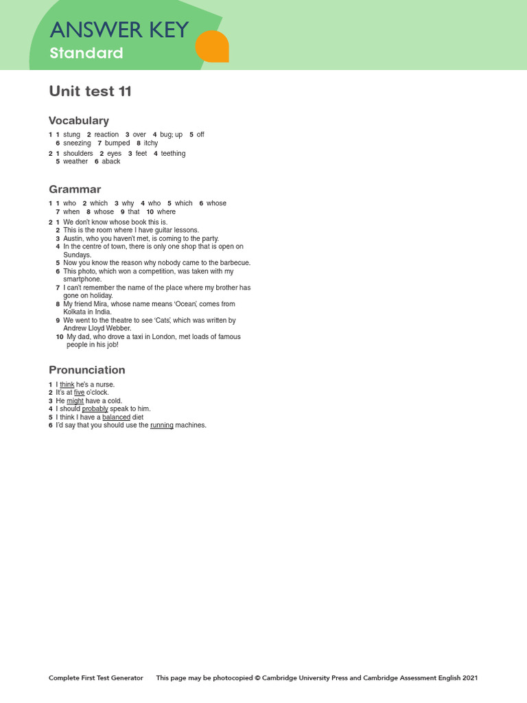Complete First Unit Test 11 Answer Key Standard | PDF