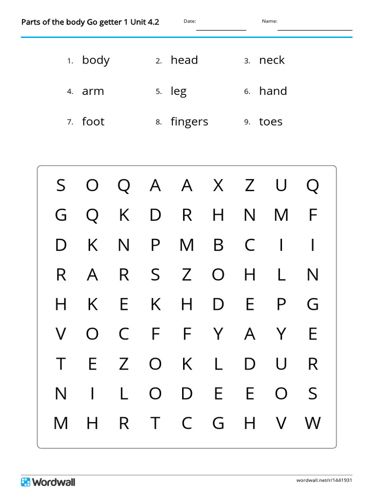 Parts of The Body Go Getter 1 Unit 42 Wordsearch | PDF