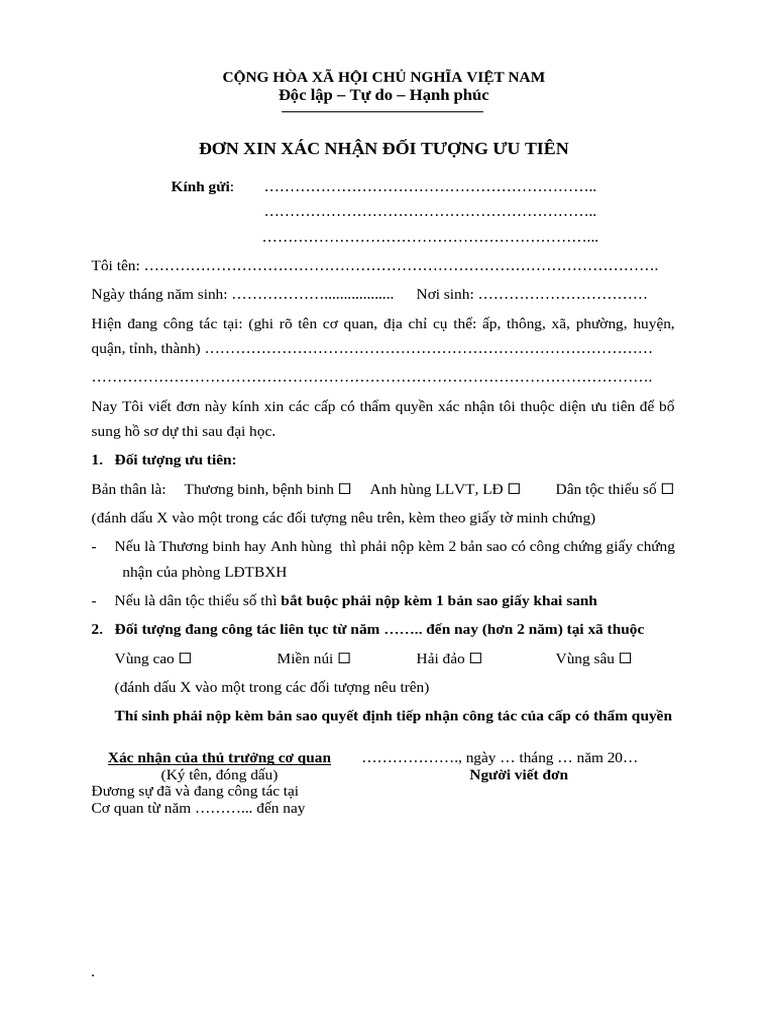 Mau don xin xac nhan doi tuong uu tien tuyen sinh pdf