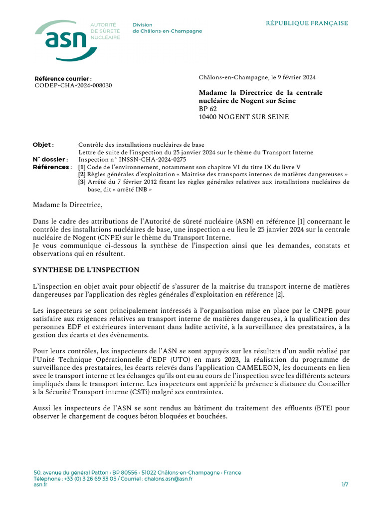ASN Février 2024 Lettre Suite Inspection Du Transport Interne | PDF