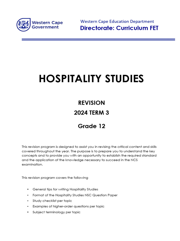 Grade 12 Hospitality Studies Revision Material Term 3 - 2024 | PDF