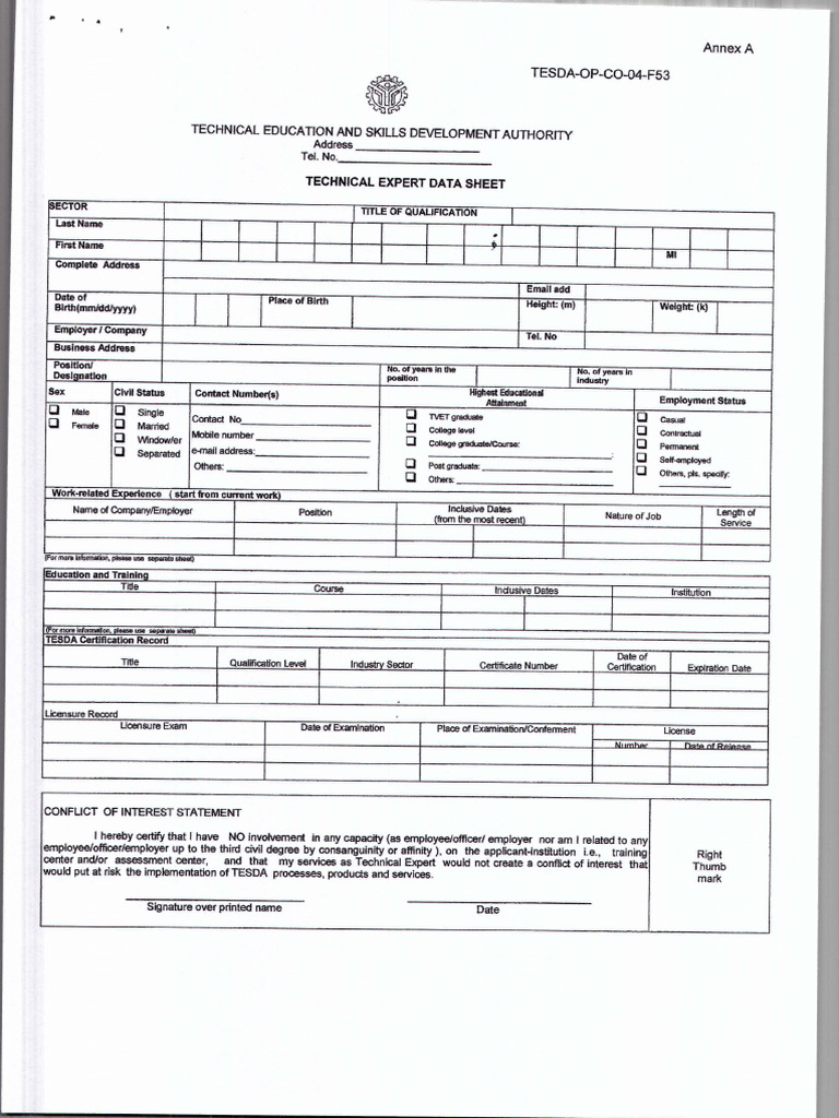 TESDA Circular No. 002 2018 TECHNICAL EXPERT DATA SHEET | PDF