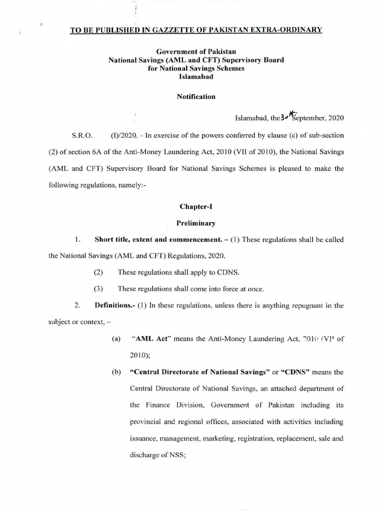 National Savings - AML - CFT - Regulations - 2020 | PDF