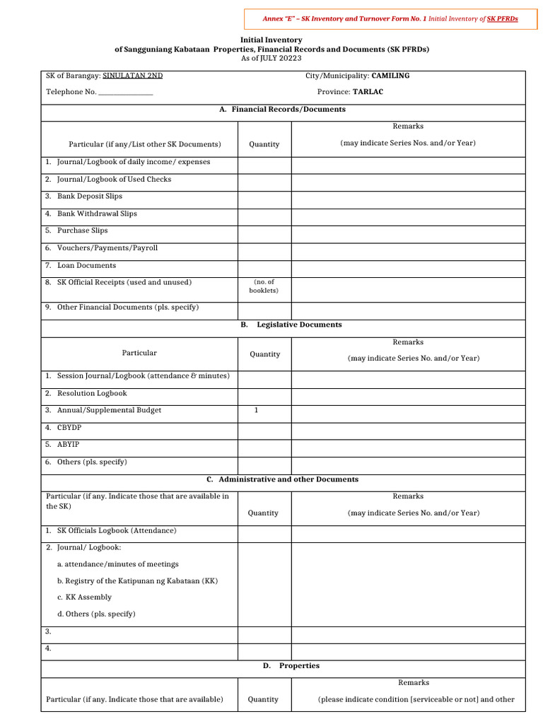 Form 1 Sangguniang Kabataan Inital Inventory 1 | PDF
