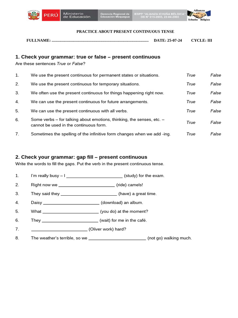 Gs Present Continuous - Exercises | PDF