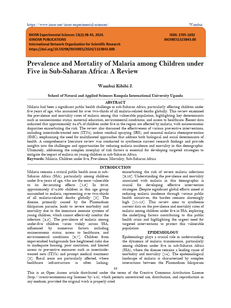 Prevalence and Mortality of Malaria Among Children Under Five in Sub ...
