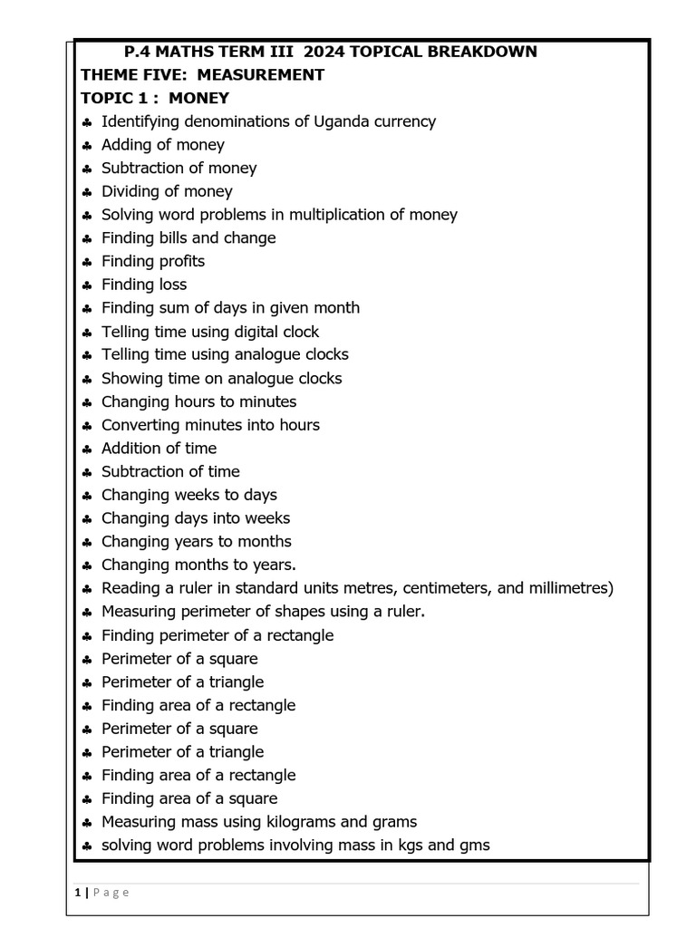 P.4 Mathematics Term III Overview | PDF | Litre | Area