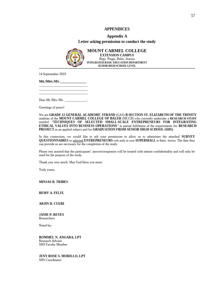 APPENDICES - Letter Asking Permission To Conduct The Study, Letter To ...