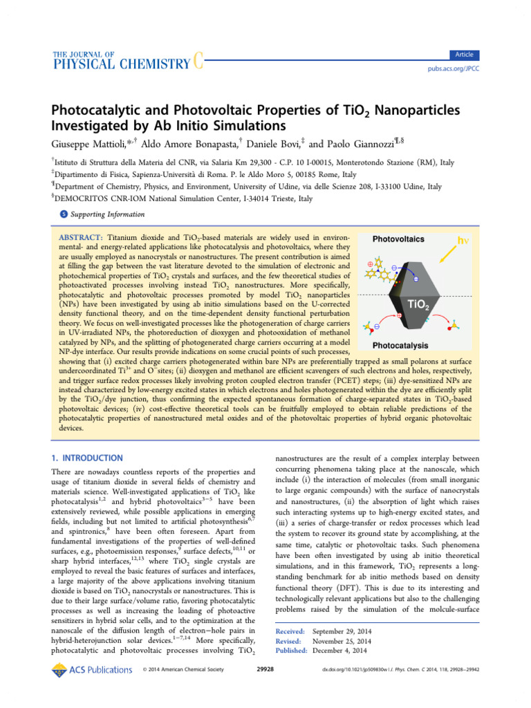 Photocatalytic and Photovoltaic Properties of Tio Nanoparticles ...