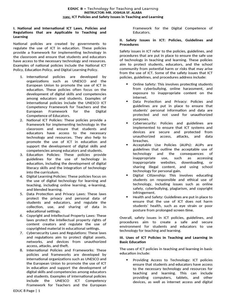 EDUC8 TOPIC 2 ICT Policies and Safety Issues in Teaching and Learning | PDF